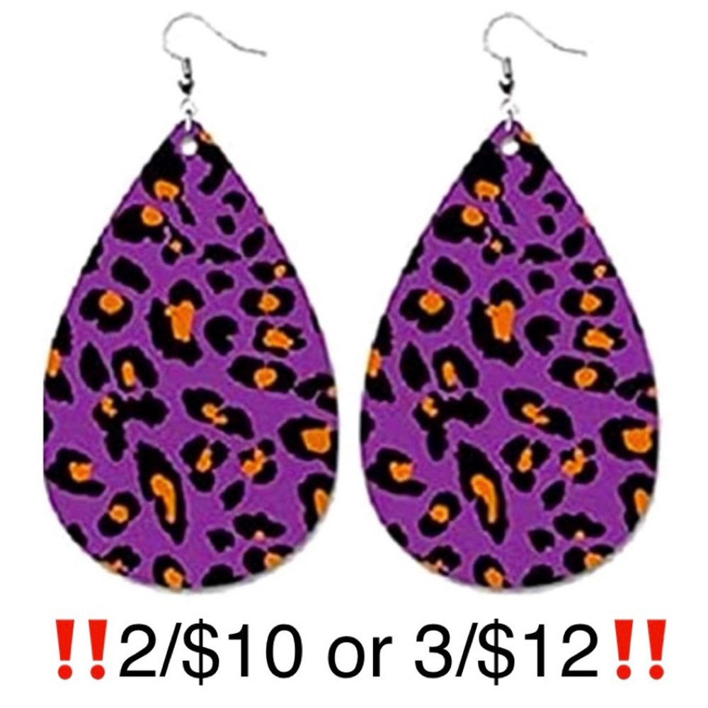 Purple, Orange and Black Leopard Print Faux Leather Earrings